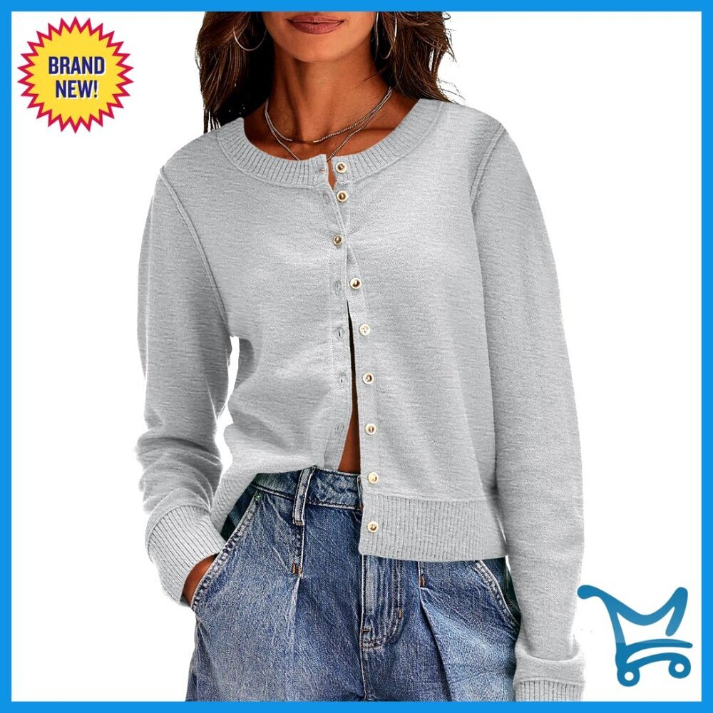 Lightweight Knit Cardigan Crew Neck Button Front Long Sleeve Summer Sweater